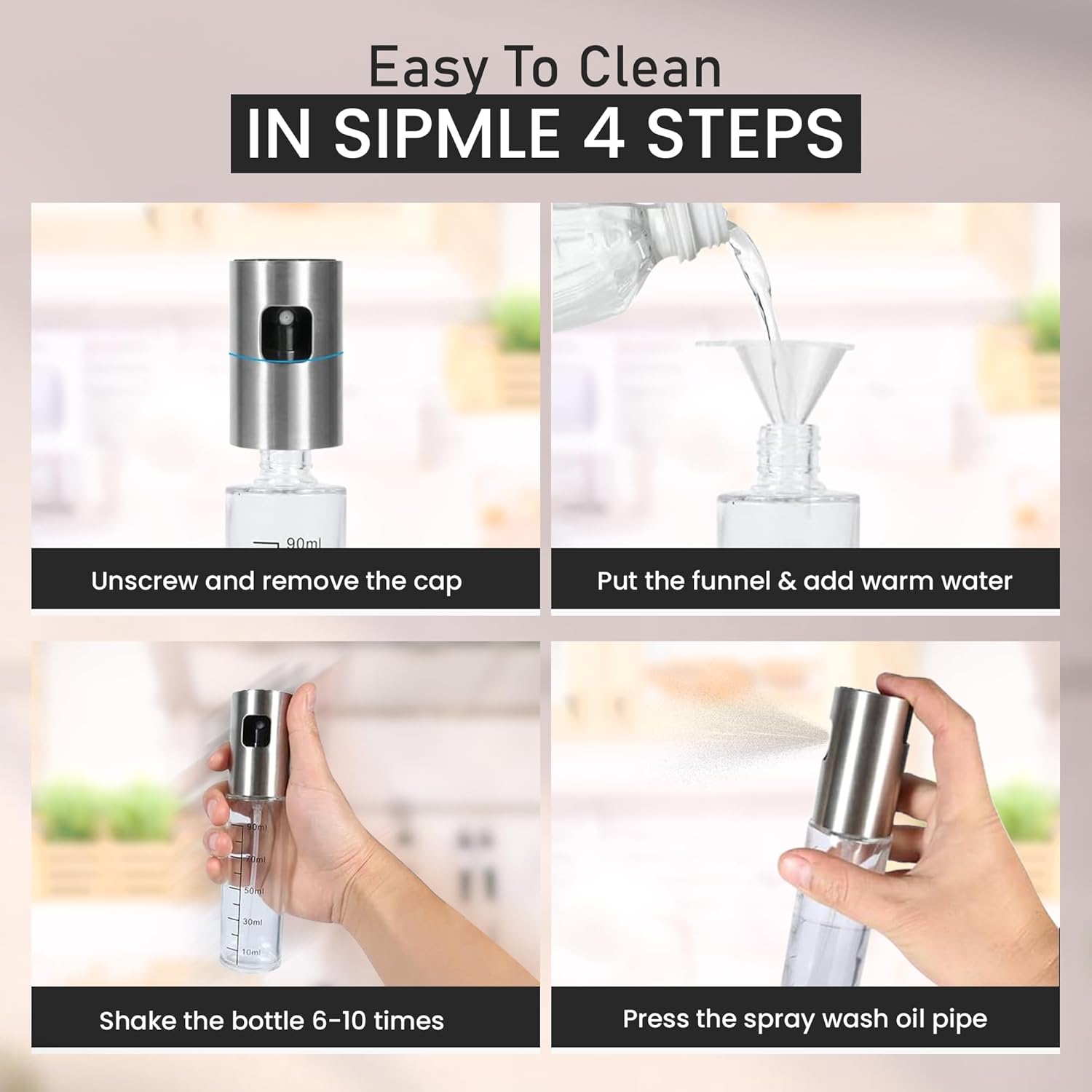 Oil Sprayer for Cooking - 2 x 100ml Sprayers, Clear Transparent Glass Bottles, Food Grade, Refillable, Multi Purpose Oil Mister with Non Slip Cap, Oil Funnel & Silicone Brush