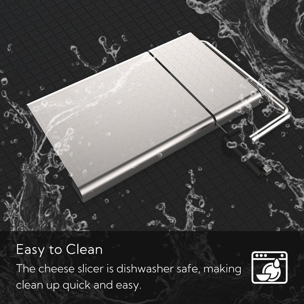 KITCHENDAO Replaceable Wire Cheese Slicer with Board and Measuring Grids,Tightness Adjustable Cheese Slicer, Stainless Steel Metal Cheese Cutter for Block Cheese, Dishwasher Safe, with 2 Extra Wires