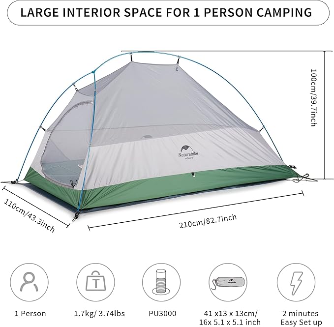 Naturehike Cloud-Up 1 Person Tent, Lightweight Backpacking Tents for One Man, Waterproof Ultralight One Person Tent for Camping Hiking Backpacking