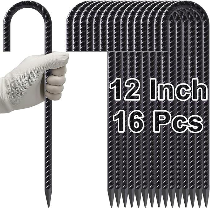 VVOKGO Rebar Stakes 12 Inch Heavy Duty J Hook 16 Pack, Galvanized Garden Tent Ground Stakes Steel Point End,Chain Link Fence Stakes for Dogs Digging Wire Fencing,Trampoline Stakes with Chisel,Black