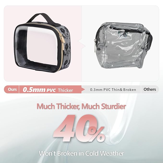 PACKISM Floral Texture Lace TSA Approved Toiletry Bag - 180° Large Opening Clear Makeup Bags in 2 Size, Clear Cosmetic Bags with Handle, 0.5 mm Thick Non-deformable No Smell, Black