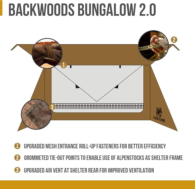 OneTigris Backwoods Bungalow Bushcraft Shelter 2.0, Ultralight Backpacking Tent with with Porch for Camping Hiking Backpacking Motorcycle Kayak Bushcrafters