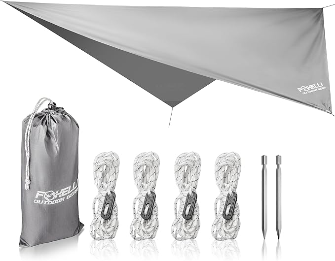 Foxelli Hammock Rain Fly - Waterproof Lightweight Tent & Hammock Rain Tarp for Camping, Backpacking w/Easy Setup Including Extra Long Guy Lines & Stakes