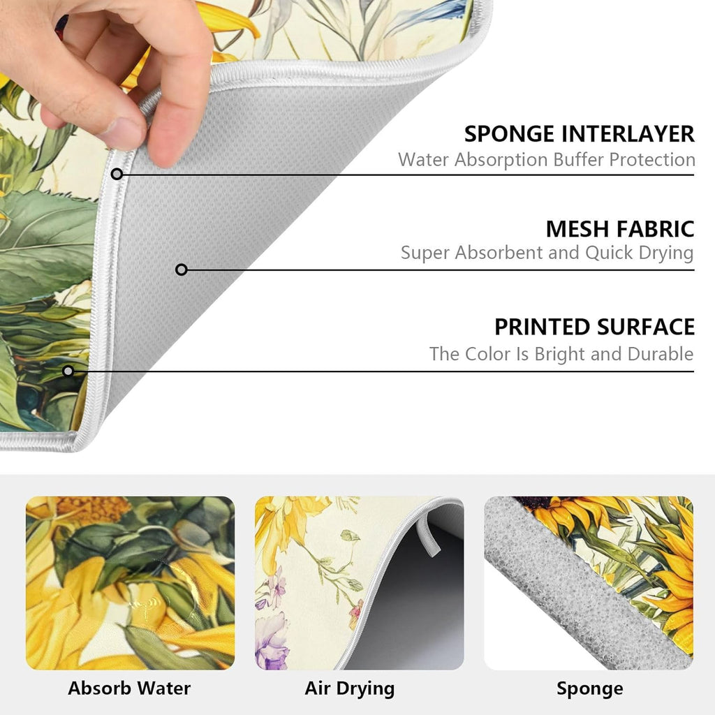 Blooming Sunflowers Dish Drying Mat for Kitchen Counter Absorbent Microfiber Large Drying Pad Dish mats for Kitchen Countertops 18 x 24 Inch