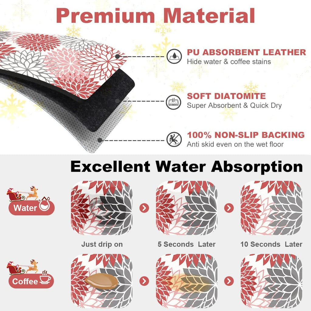 Findosom 2PCS 12" x 20" Dish Drying Mat & 24" x 5.5" Sink Splash Guard, Super Absorbent & Cuttable Dish Mat Drying Kitchen Mat with Red Floral, Hide Stain Drying Mat for Kitchen Counter