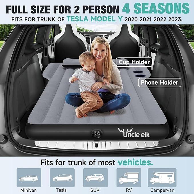 Model Y Mattress for Tesla, Inflatable SUV Mattress for Portable Camping Mattress Foldable Air Mattress with Air Pump and Storage Bag for Tesla Model Y and SUV Travel, Grey