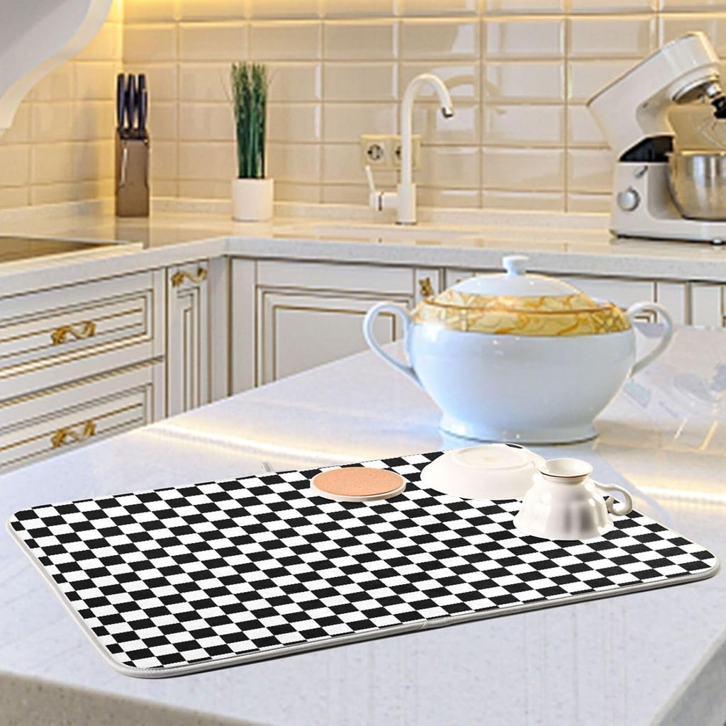 Black White Checkered Pattern Dish Drying Mat for Kitchen Counter Absorbent Microfiber Drying Pad, Medium 16x18 in, Reversible Drainer Mats