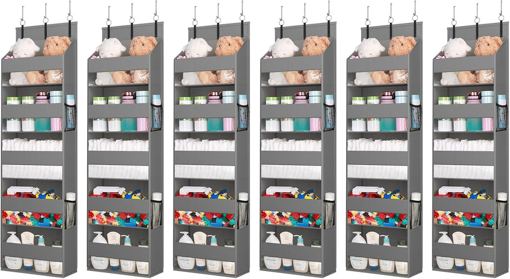 Lifewit 6 Packs Over the Door Organizer, 5 Shelf Clear Window Hanging Storage with 4 Mesh Side Pockets, Anti Tilt 40 lbs Load Behind Door for Pantry, Nursery, Bathroom, Bedroom, Kitchen, Dorm, Grey