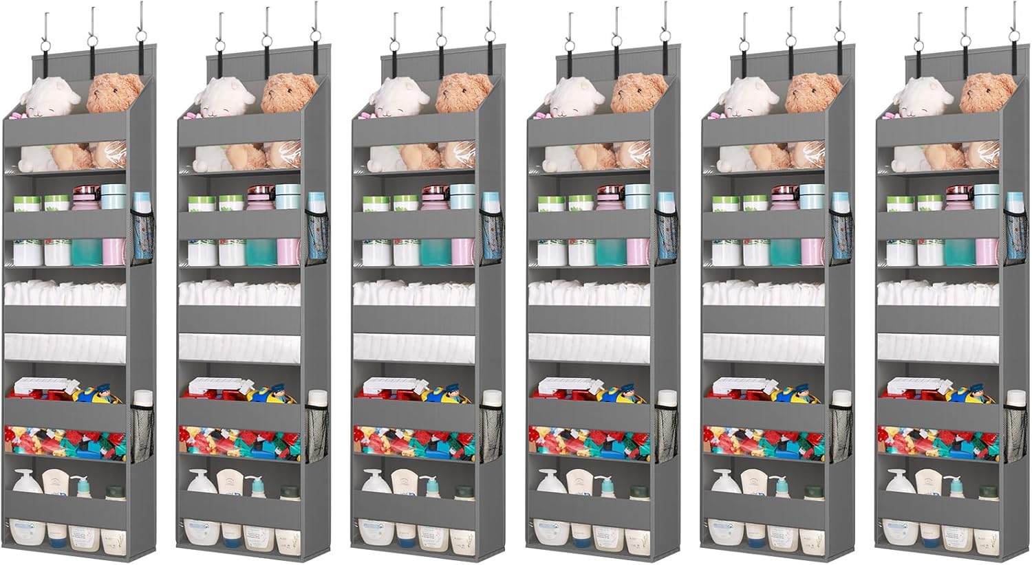Lifewit 6 Packs Over the Door Organizer, 5 Shelf Clear Window Hanging Storage with 4 Mesh Side Pockets, Anti Tilt 40 lbs Load Behind Door for Pantry, Nursery, Bathroom, Bedroom, Kitchen, Dorm, Grey