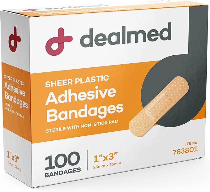 Dealmed Sheer Plastic Flexible Adhesive Bandages – 100 Count (24 Pack) Bandages with Non-Stick Pad, Latex Free, Wound Care for First Aid Kit, 1" x 3"