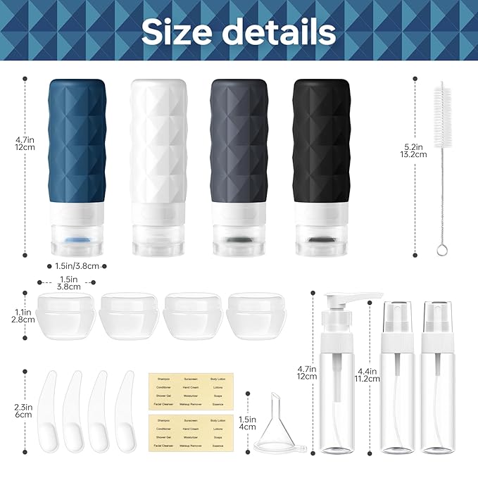 20 Pack Travel Bottles Set,Leak Proof TSA Approved Travel Size Containers, Silicone Squeezable Travel Essentials Jar Accessories for Conditioner, Shampoo, Lotion & Body Wash Accessories (Dark Color)