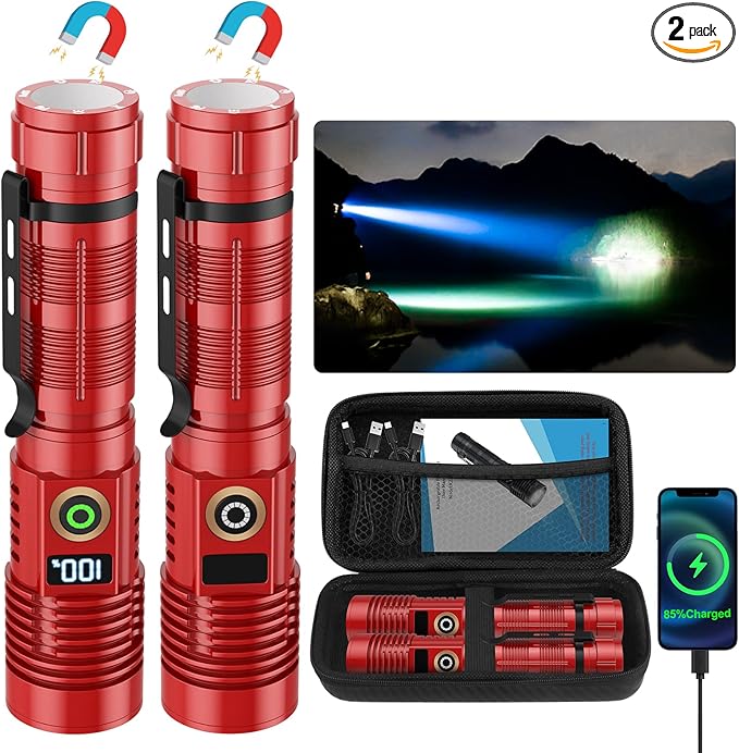 Rechargeable Flashlight High Lumens-12000LM Super Bright Magnetic Flash Light with Power Digital Display,3280Ft Long Range,Dimmable,Waterproof,Pocket LED Flashlights for Emergency Camping 2PC Red