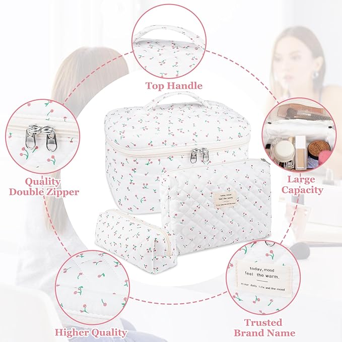 Large Makeup Bag Set, Quilted Makeup Bag, Floral Cosmetic Bag for Women, Cute Cotton Makeup Bags, Flower Travel Toiletry Organizer Bag (white)