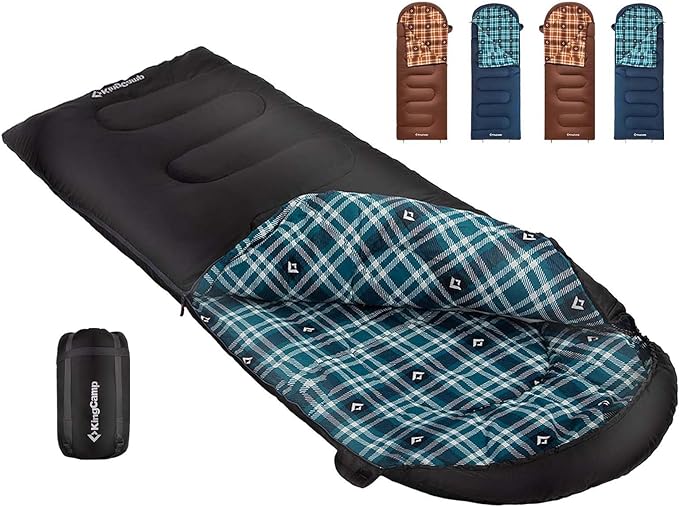 KingCamp Sleeping Bag for Adults, Cold Weather & Warm XL Big and Tall Flannel Sleeping Bags with Compression Sack Portable Waterproof Essentials Gear Accessories for Outdoor Camping