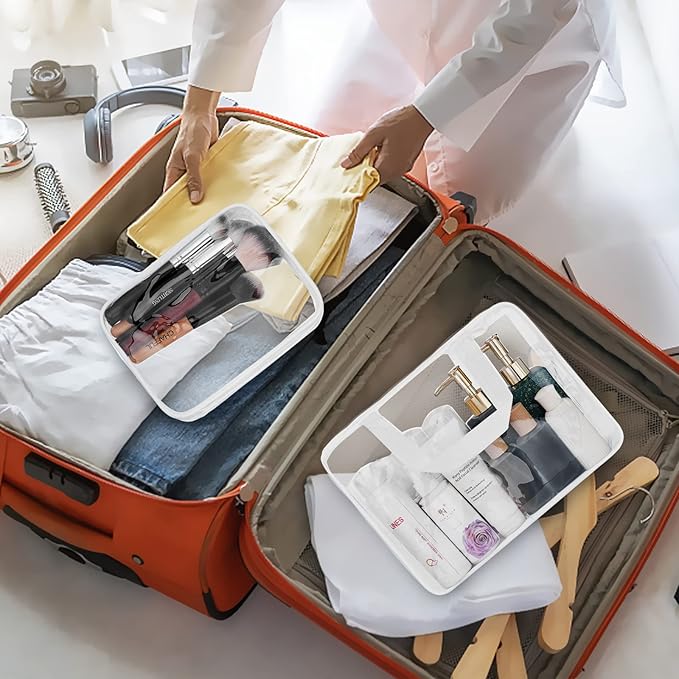 4Pcs Crystal Clear PVC Travel Toiletry Bag Kit for Women Men, Waterproof Vinyl Packing Organizer Storage Bags with Zipper Handle Straps, Cosmetic Pouch Carry on Airport Airline Compliant Bag Handbag