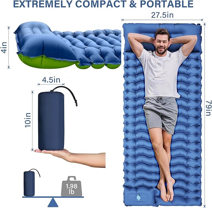 Camping Sleeping Pad, Ultralight Inflatable Sleeping Mat with Built-in Foot Pump & Pillow, Compact Air Mattress for Camping, Backpacking, Hiking, Tent - Blue
