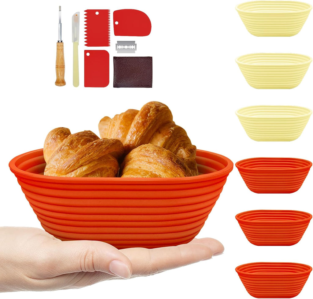Silicone Banneton, Sourdough Bread Baskets (Set of 6, 6.5 Inch), Oval Proofing Bread Bowls with Starter Kit, Bread Making Baking Supplies