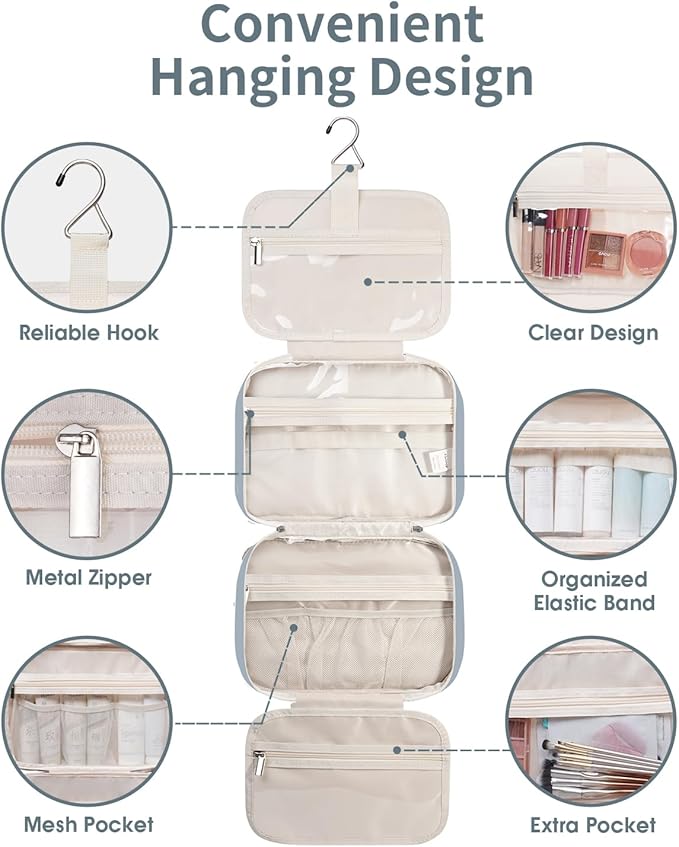 Travel Toiletry Bag for Women Large Hanging Makeup Bag Organizer Toiletries Bag for Full Size Essentials Accessories Cosmetics (Greyish Blue (Large))