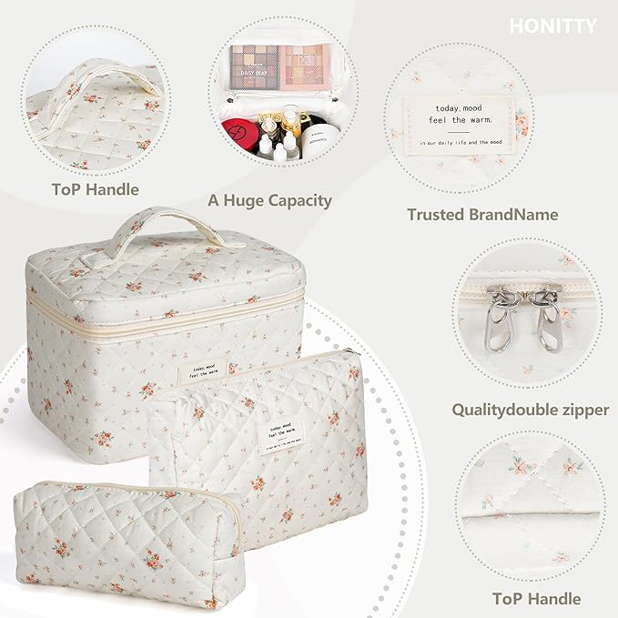 Makeup Bag,Quilted Cosmetic Bags,Large Floral Make Up Organize bag,Makeup Bag Set for Women,Flower Travel Toiletry Bag