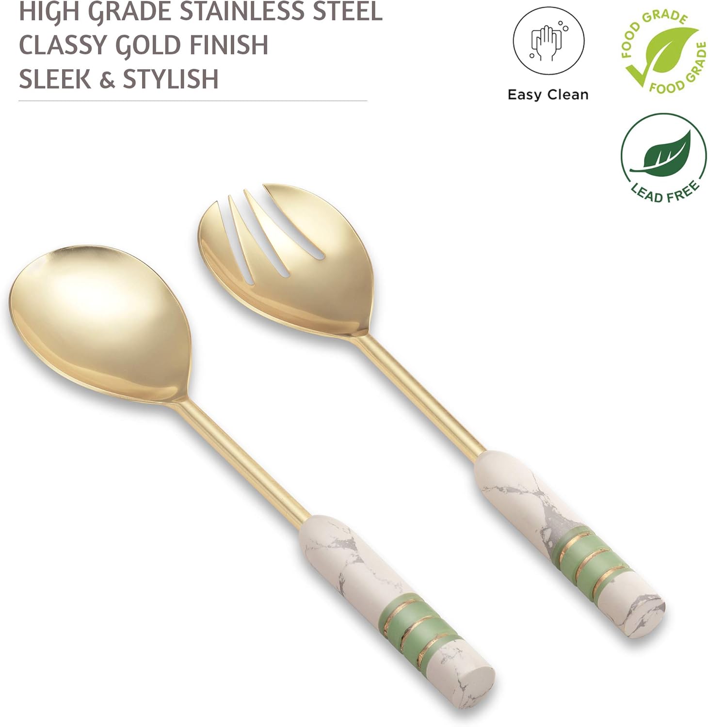 Folkulture Serving Spoons or Salad Servers for Modern Kitchen, Stainless Steel Serving Utensils - Spoon and Fork for Serving Salad, 12-inch Cooking Utensils Set with Marble Handle, Pearl White
