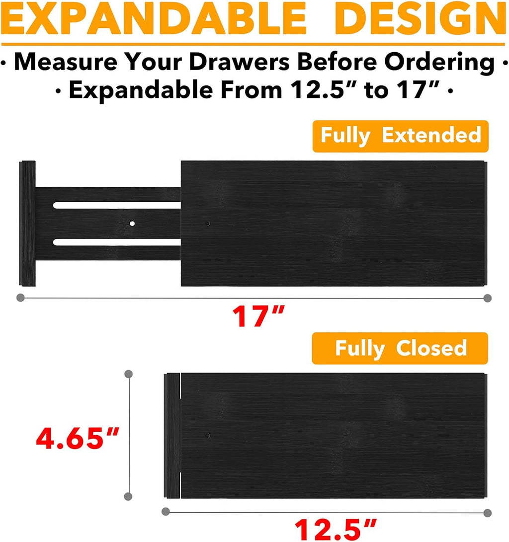 SpaceAid Bamboo Dresser Drawer Dividers 6 Pack, 4.65“ High Adjustable 12.5“-17” Drawer Organizers, Expandable Organization for Clothing, Clothes, Dressers, Black