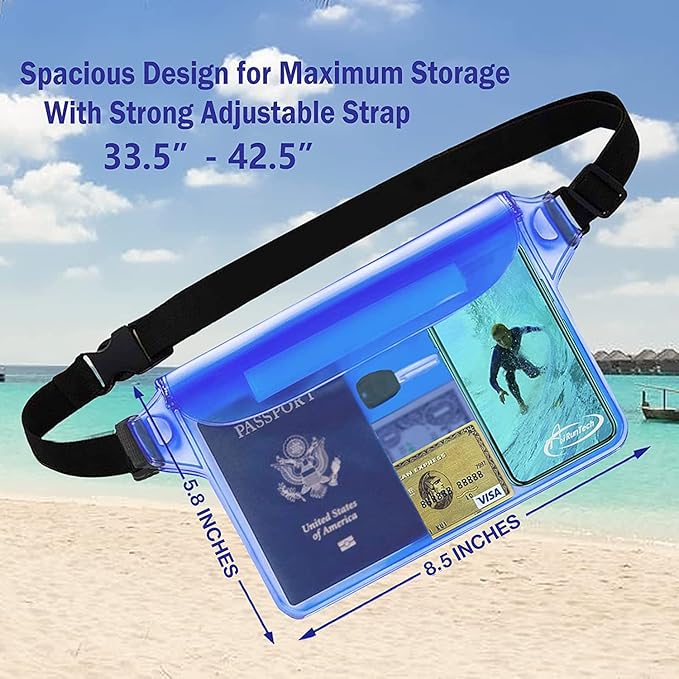 AiRunTech Waterproof Pouch with Waist Strap (2 Pack) | Beach Accessories Best Way to Keep Your Phone and Valuables Safe and Dry | Perfect for Boating Swimming Snorkeling Kayaking Beach Pool Water Park