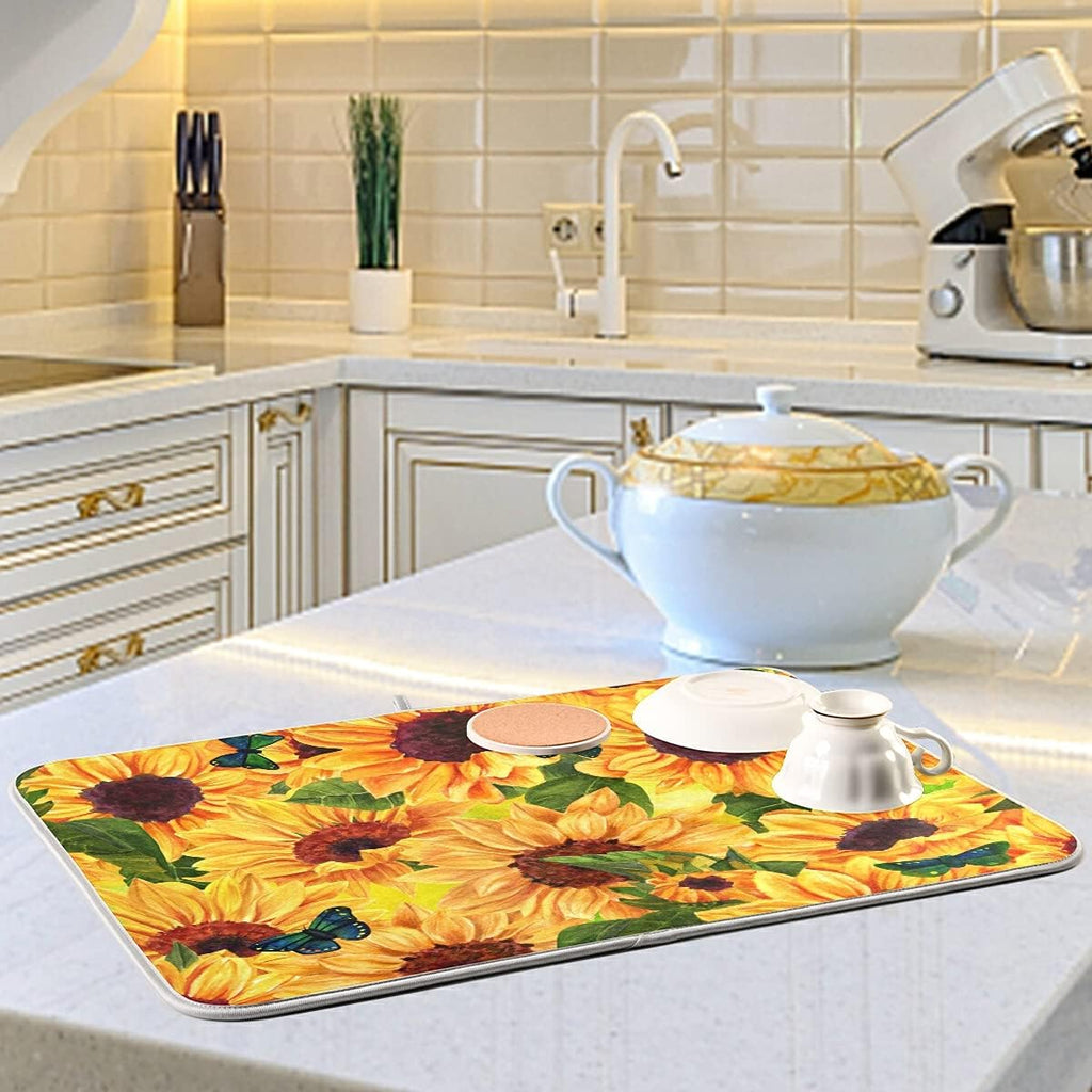 Super Absorbent Dish Drying Mat, Microfiber Fast-Drying Dish Mat, 24" x 18", Kitchen Dish Drying Pad, Sunflowers And Green Blue Butterflies
