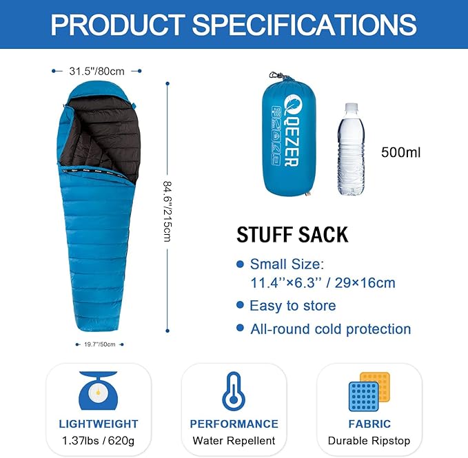 Ultralight Down Sleeping Bag for Adults with 600 Fill Power, Compact Sleeping Bag with Compression Sack for Backpacking, Hiking and Camping