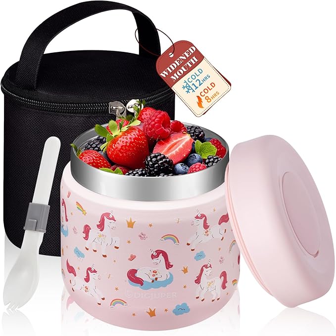 12 OZ Girls Thermo Food-Jar with Cooler Bag - Leakproof Kids Thermal Lunch Box, Wide Mouth Insulated Food Container Box for Fruits Veg Soup sandwich, Cute Pink Unicorn