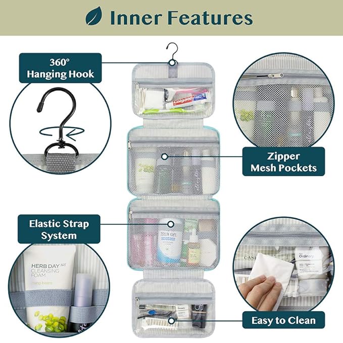 PAVILIA Hanging Toiletry Bag Travel Bag Women Men, Foldable Cosmetic Organizer, Roll up Makeup Bag, Water Resistant Accessories Toiletries, Large Travel Essentials Kit (Teal Chevron)