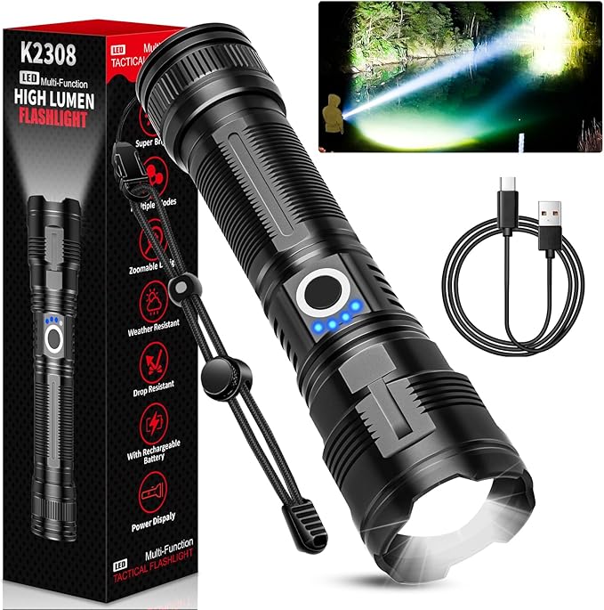 Rechargeable Tactical Flashlights High Lumens,100,000 Lumens Super Bright LED Flashlight,Powerful Flash Light with 5 Modes,Waterproof,Power Handheld Flashlight for Emergency,Camping,Hurricane,Hiking