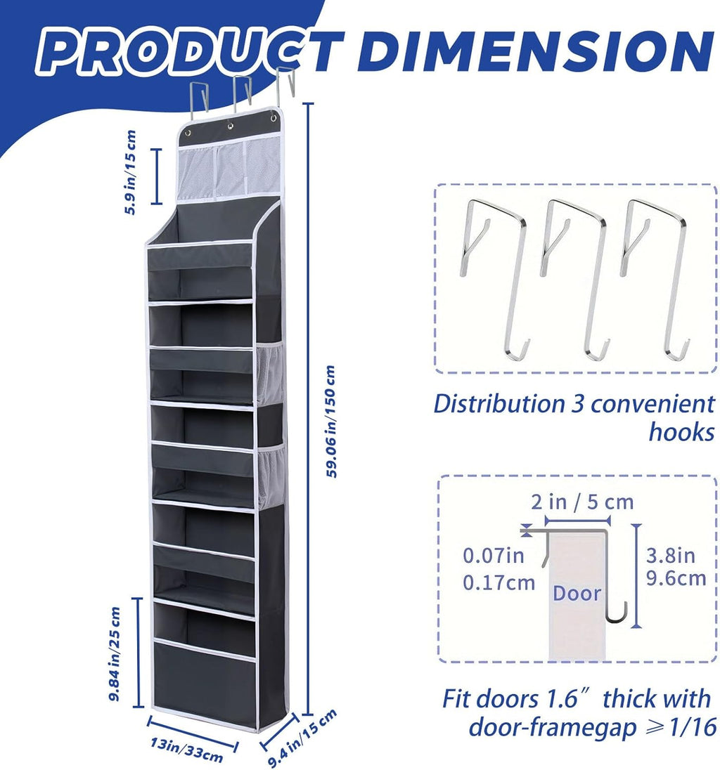 Over The Door Organizer - 6 Capacity Large Pockets & 7 Mesh Compartments, Anti-Tilt Design Holds 44 lbs, for Bathroom, Nursery, Dorm, Pantry & Laundry Storage (Deep Grey)