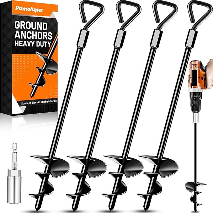 Ground Anchors Tent Stakes Trampoline Anchors Heavy Duty Screw in 4 Pack, Tent Stakes High Winds Heavy Duty for Camping Tent, Canopies, Carports, Sheds, Swing Sets,14in Ground Anchors