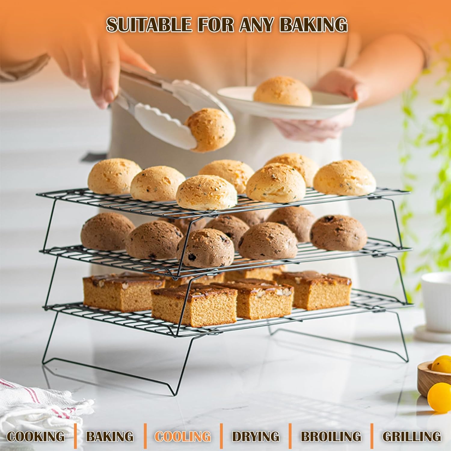 3-Tier Cooling Racks for Cooking and Baking - 13" x 9.6" Stackable Heavy Duty Stainless Steel Wire Rack for Baking, Grilling, Roasting - Oven & Dishwasher Safe - Black