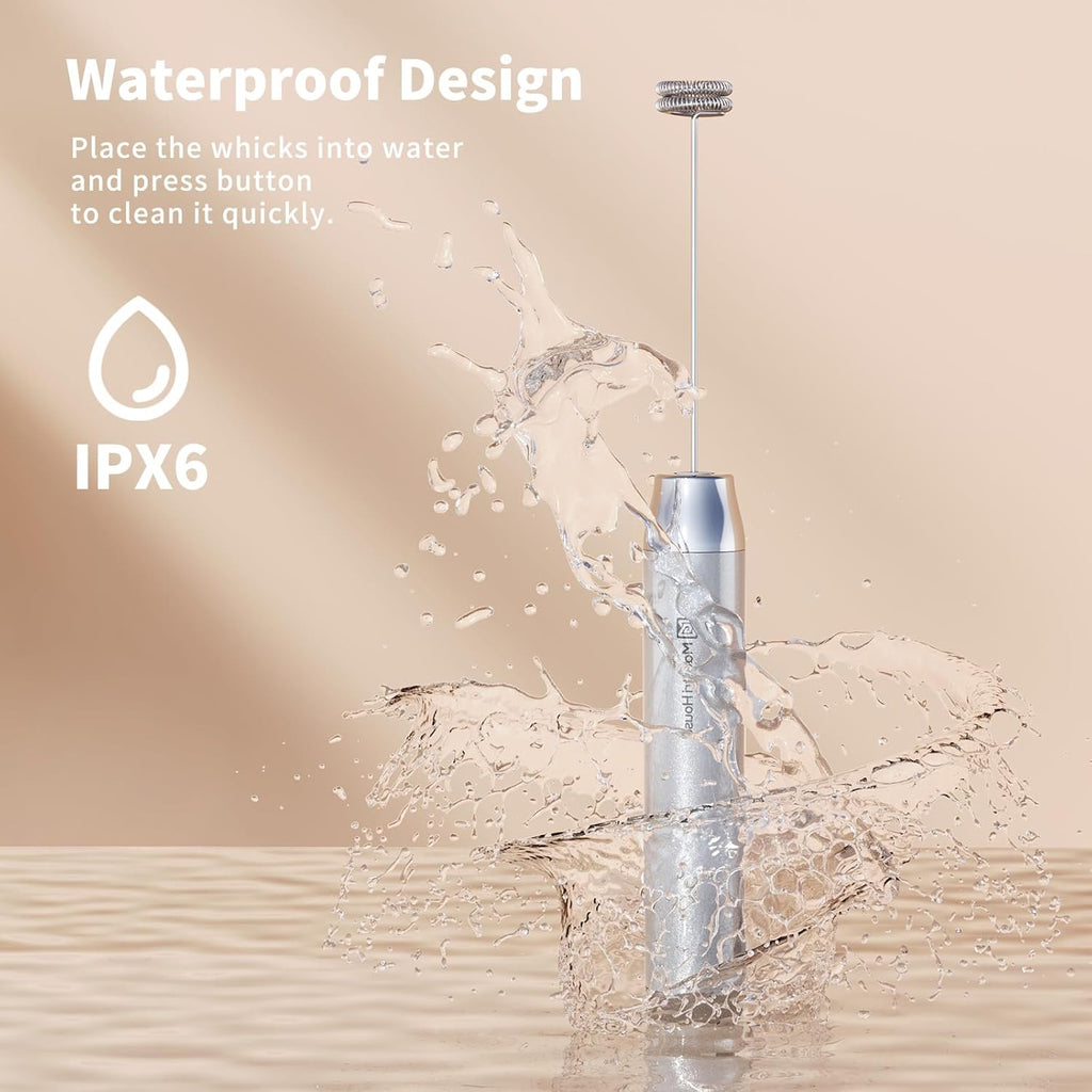 Maestri House Rechargeable Milk Frother with Stand, LunaFro Handheld Electric Foam Maker Waterproof Detachable Stainless Steel Whisk Drink Mixer Foamer for Lattes, Cappuccino