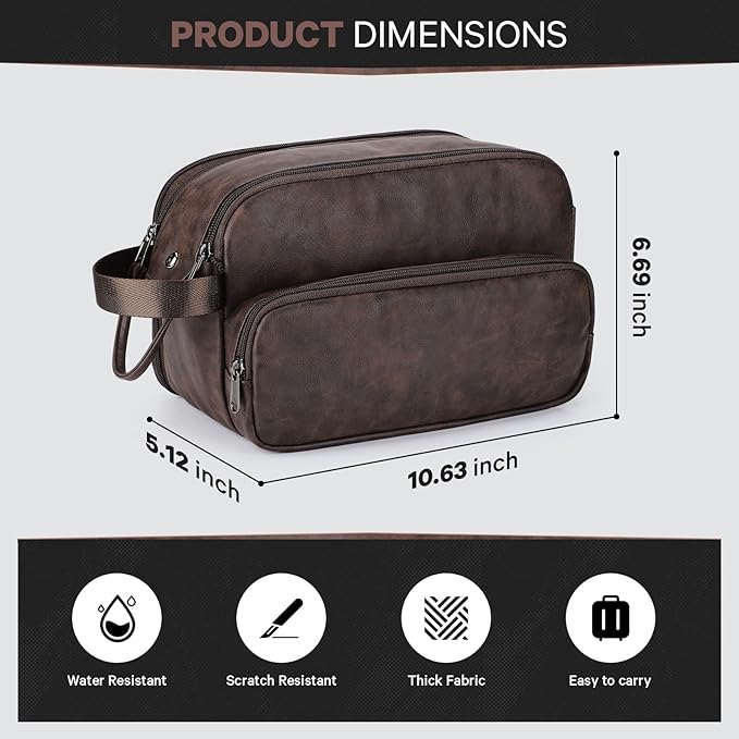 Toiletry Bag for Men, Travel Toiletry Bag Travel Essentials, Dopp Kit Water-resistant Shaving Bag, Bathroom Bag Toiletries Organizer, Dark Brown(PU Leather)