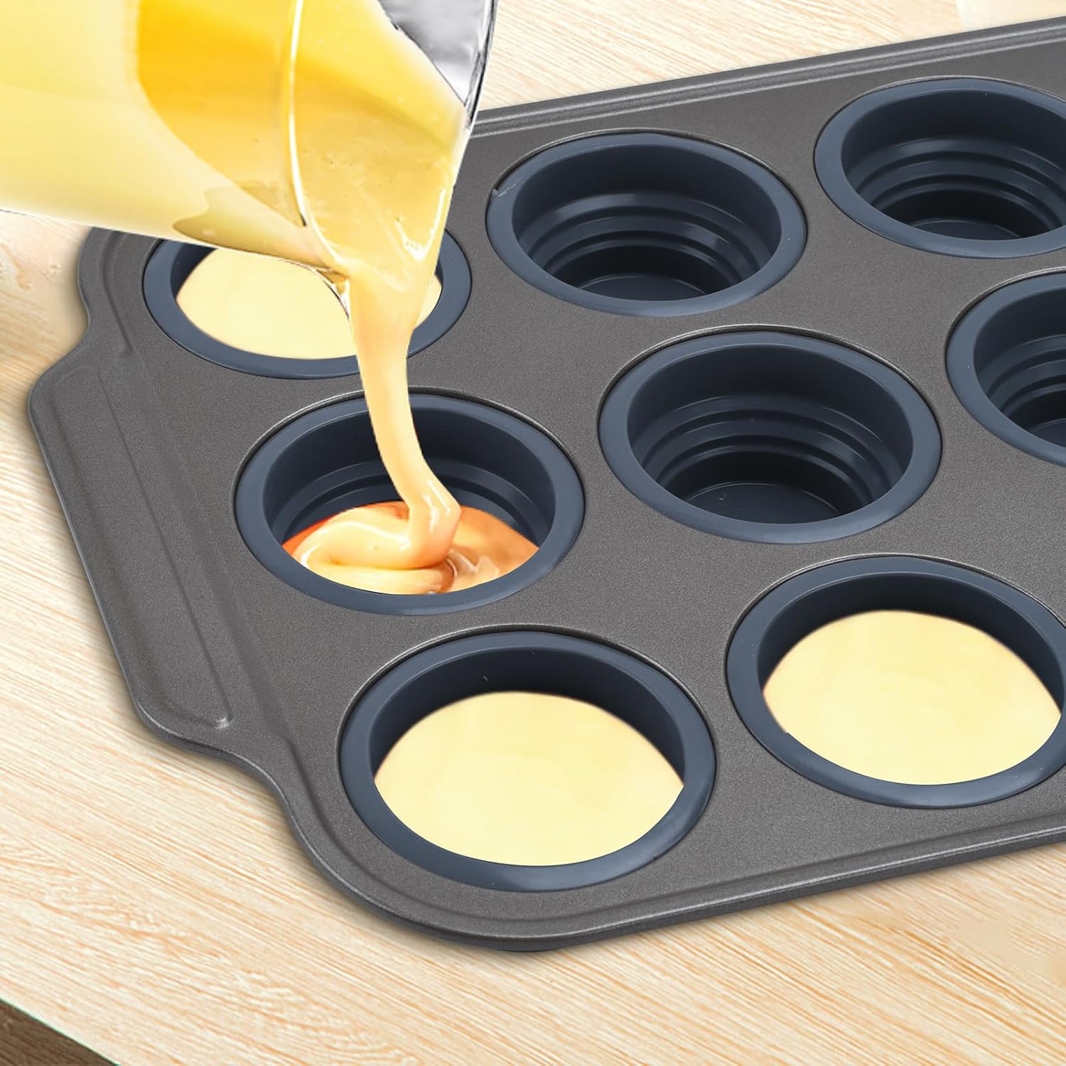 Silicone Muffin Pan, 12 Cups Cupcake Pans with Metal Frame Nonstick Muffin Tins Easy to Pop Out for Baking Cupcake Egg Bites BPA-free Cupcake Pan Mold (12 Cups Grey)