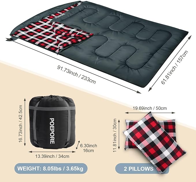 Double Sleeping Bag Flannel for Adults with 2 Pillows 2 Person Sleeping Bags Camping XXL Queen Size Two Person Sleeping Bag for Cold Weather