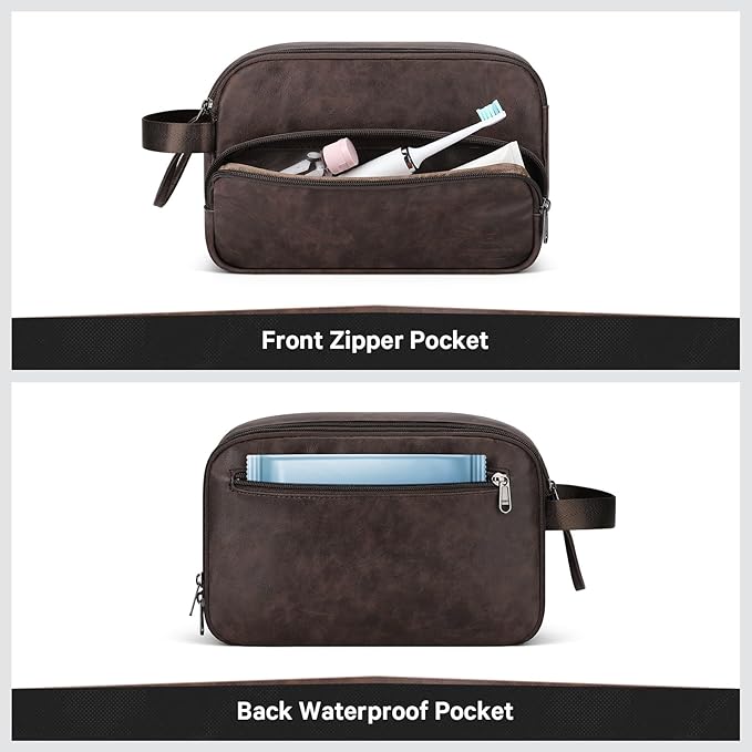 Toiletry Bag for Men, Travel Toiletry Bag Travel Essentials, Dopp Kit Water-resistant Shaving Bag, Bathroom Bag Toiletries Organizer, Dark Brown(PU Leather)