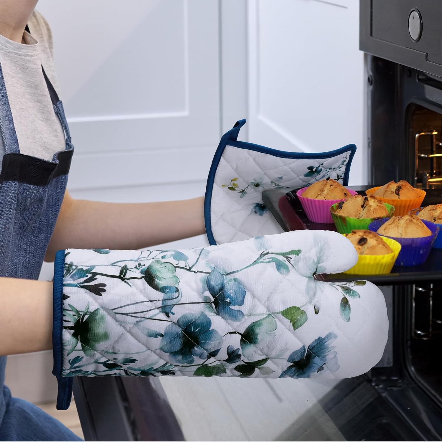 Blue Watercolor Flower Oven Mitts and Pot Holders Sets 4Pcs, 100% Cotton Heat Resistant, Extra Long Oven Gloves Potholder for Kitchen Cooking Baking Housewarming