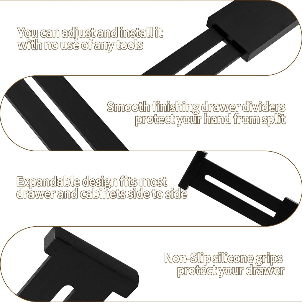 Utoplike 4 pcs Bamboo Kitchen Drawer Dividers Large, Adjustable Black Drawer Organizers, Spring Loaded, Works in Kitchen, Dresser, Bathroom, Bedroom, Drawer, Desk, 2.4" H