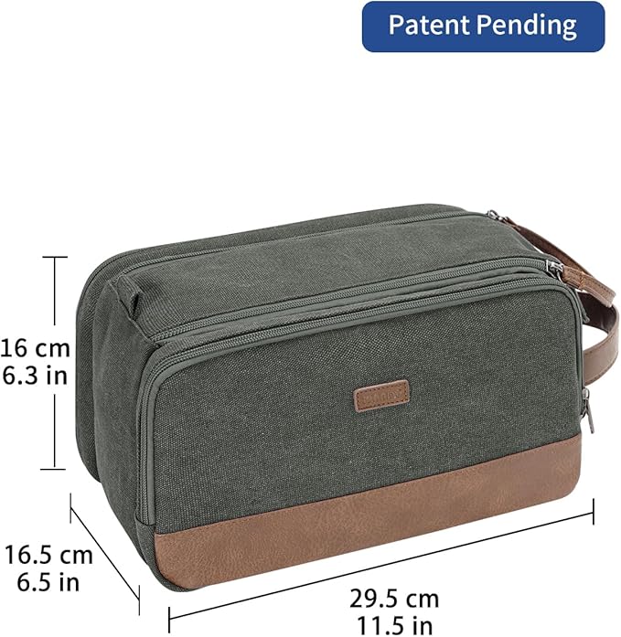 WANDF Toiletry Bag for Men Travel Toiletry Organizer Canvas and Leather Dopp Kit Water-Resistant Shaving Bag for Travel Accessories (Green, Patent Pending)