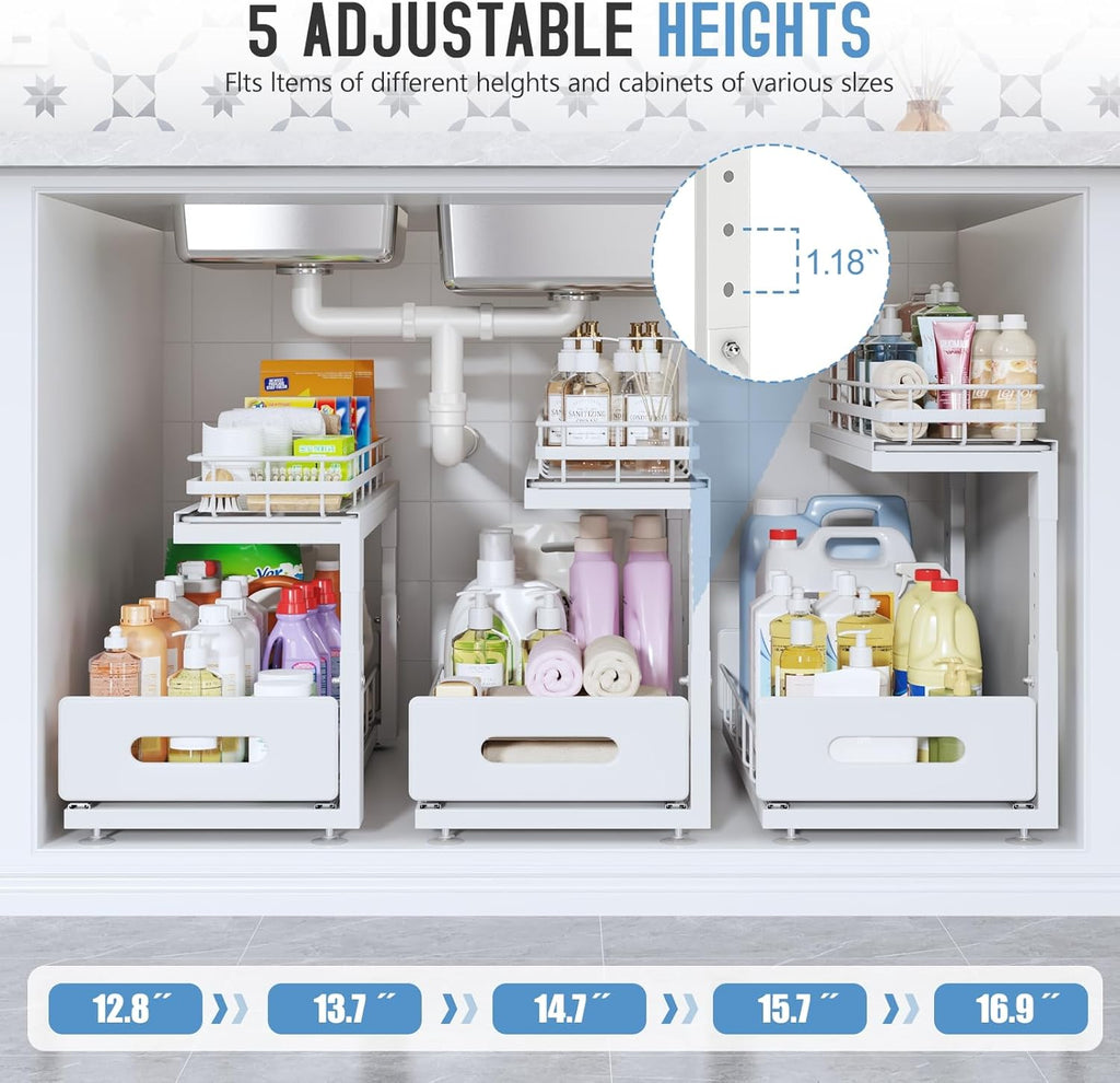 2 Pack 18 IN Depth Under Sink Organizer with Smooth Ball Bearing Slides,2-Tier Pull Out Cabinet Storage,Slide Out Drawers for Bathroom&Kitchen,Rust-resistant Coating,Height Adjustable-White