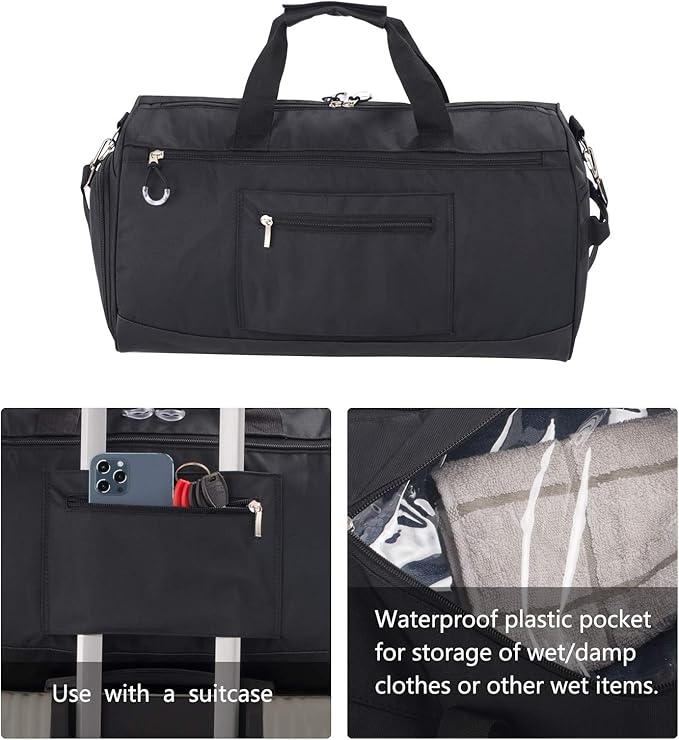 Kuston Sports Gym Bag with Shoes Compartment &Wet Pocket Gym Duffel Bag Overnight Bag for Men and Women-Black