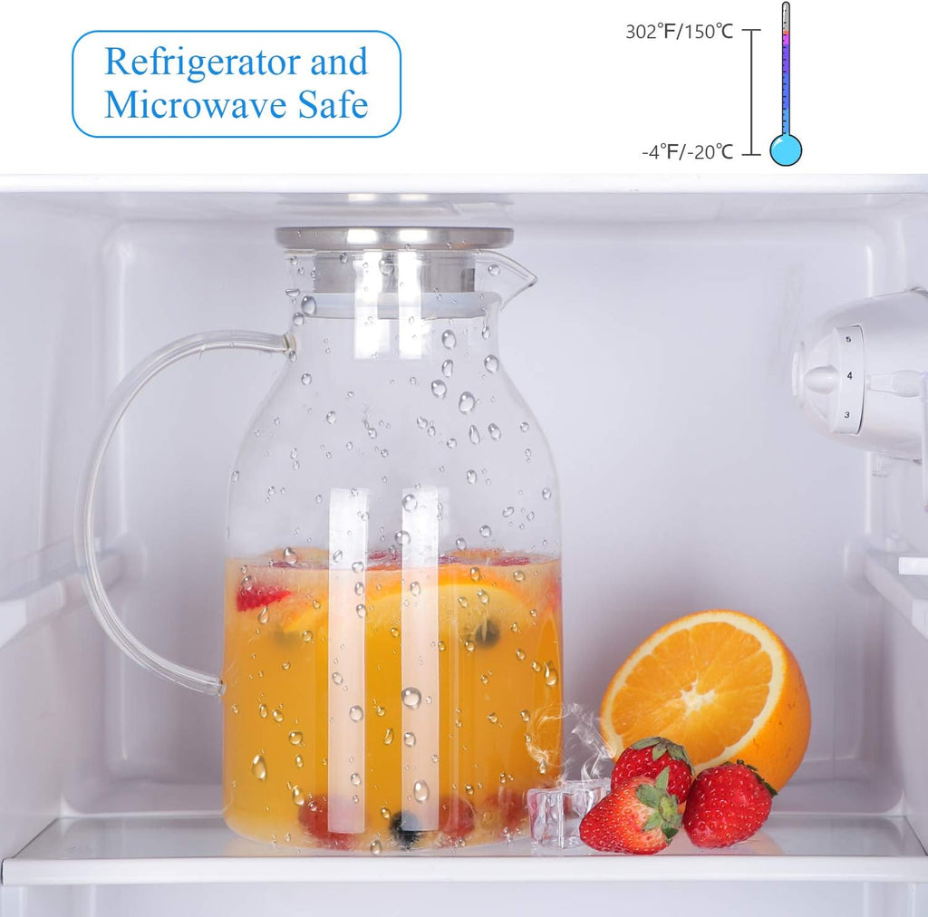 Glass Water Pitcher with Lid and Spout, 68 Ounces Heat Resistant Borosilicate Glass Carafe with Brush and Mixing Spoon, Temperature Safe