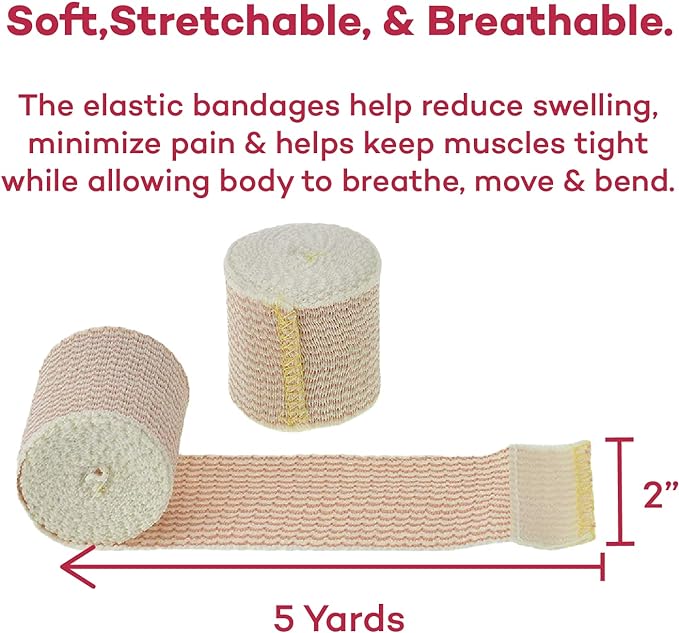 Dealmed 2" Elastic Bandage Wrap with Self-Closure – 2 Elastic Bandages, 5 Yards Stretched Compression Bandage Wrap, Wound Care Product for First Aid Kit and Medical Facilities