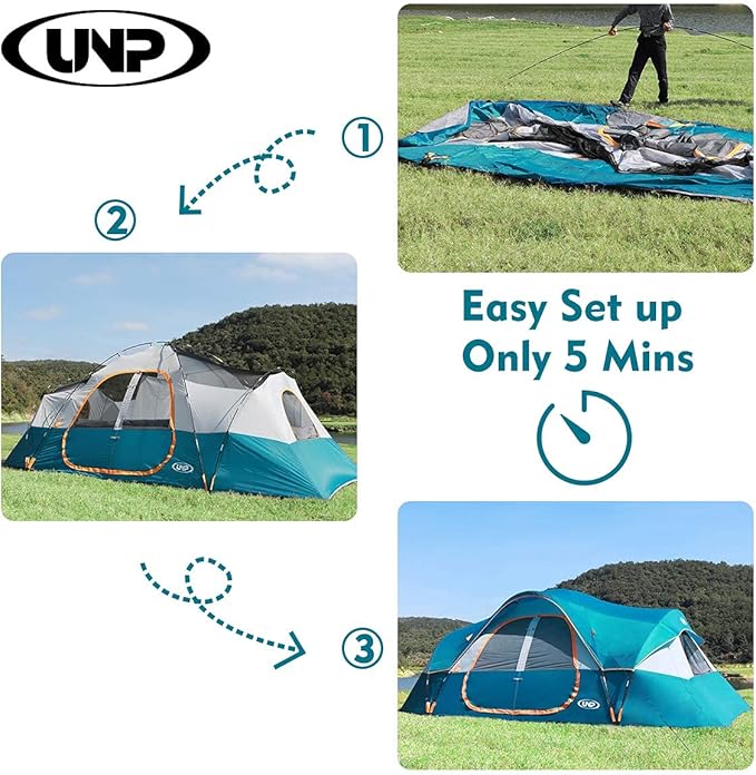 UNP Camping Tent 10-Person-Family Tents, Parties, Music Festival Tent, Big, Easy Up, 5 Large Mesh Windows, Double Layer, 2 Room, Waterproof, Weather Resistant, 18ft x 9ft x78in