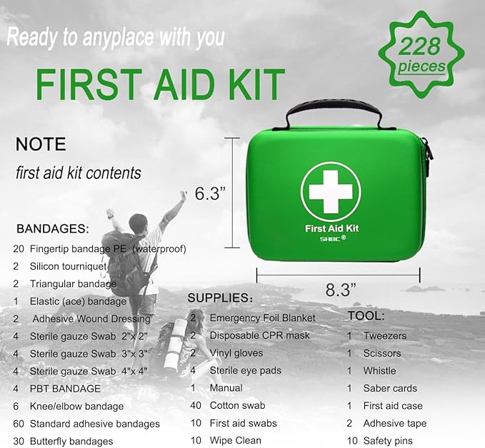 SHBC Waterproof First Aid Kit (228pcs) with All Basic or Advanced Supplies You Need. Suitable for Emergencies at Home or Outside, Travel, Home, Camping, Green