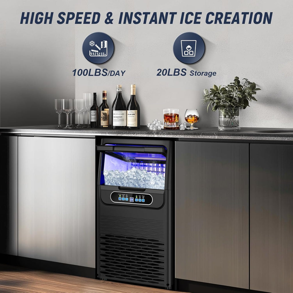 100LBS/24H High Output - Commercial Under Counter Ice Maker with 30LBS Storage - Built-in/Freestanding Design, Self-Cleaning & 24H Timer - for Home Bars Outdoor