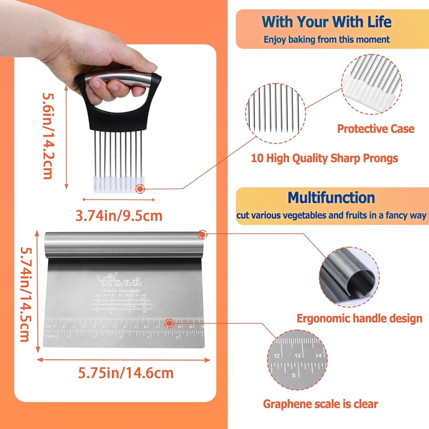 Bench Scraper Dough Chopper Onion Holder for Slicing Slicer Onion Cutter with Protective Cover and Anti-Slip Handle Stainless Steel Chopper for Potato, Tomato, Avocados, Eggs, Vegetable, Onions